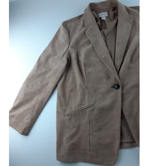 Chico's Women's Tan Faux Suede Single Button Blazer Jacket Lined Polyester 2 L - Picture 2 of 11